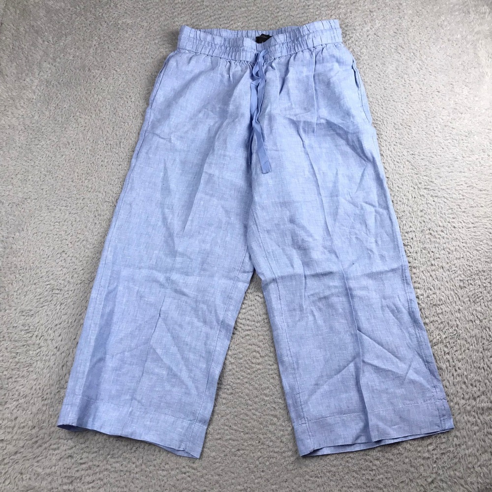 J Crew Wide Leg‎ Crop Pants Womens S (30x25) Blue 100% Linen Chambray Drawstring